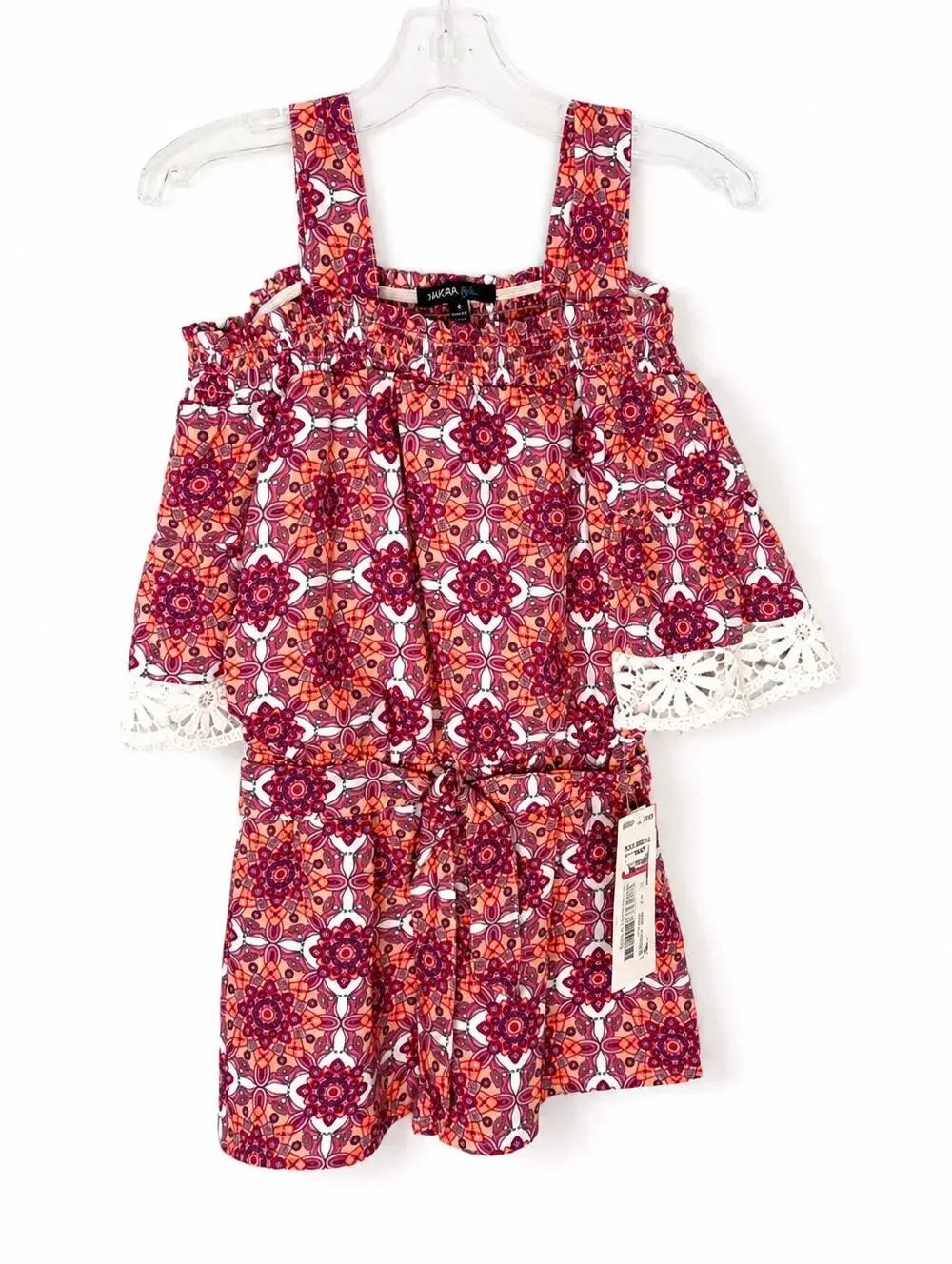 Tamara Girls Girls Red Mosaic Print Romper with Lace Trim size 4